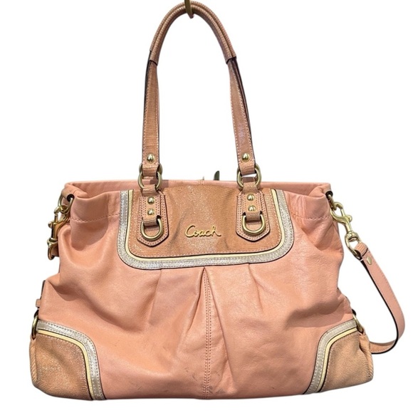 Coach Handbags - Coach Peach and Tan Leather Pink Shoulder Bag tote purse vintage designer y2k
